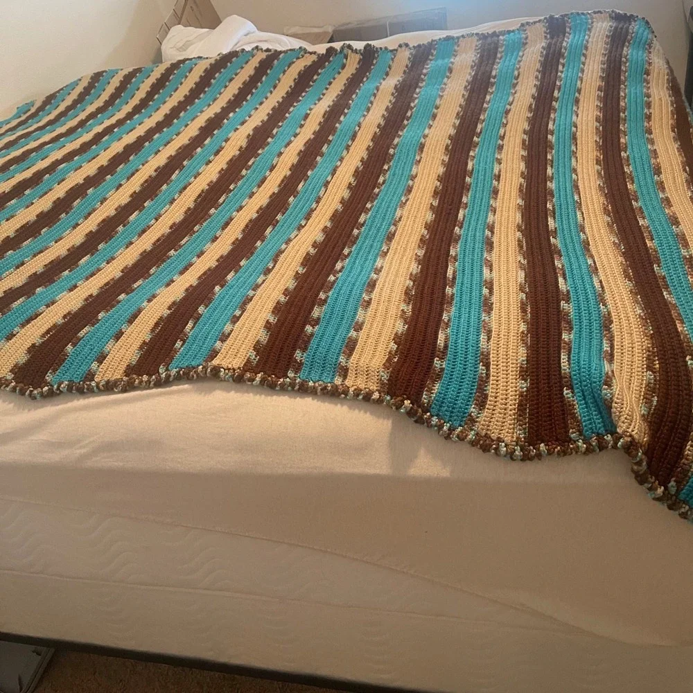 Handmade Crochet Striped Throw Blanket Brown Turquoise Tan Boho Afghan 109